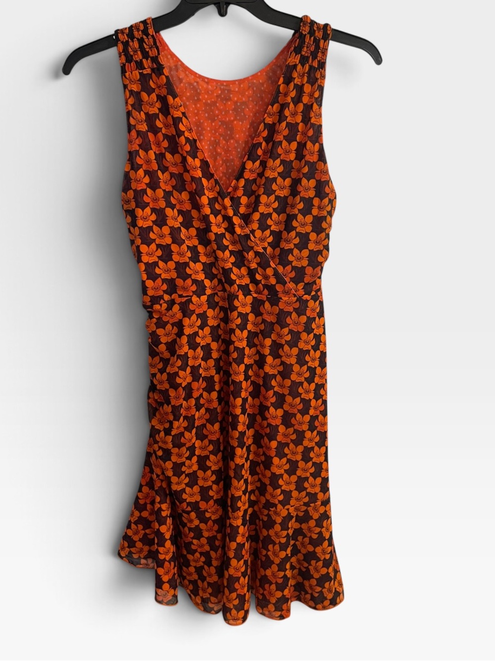 Cabi Reversible Orange Floral Polka Dot Ruched V Neck Dress Small
